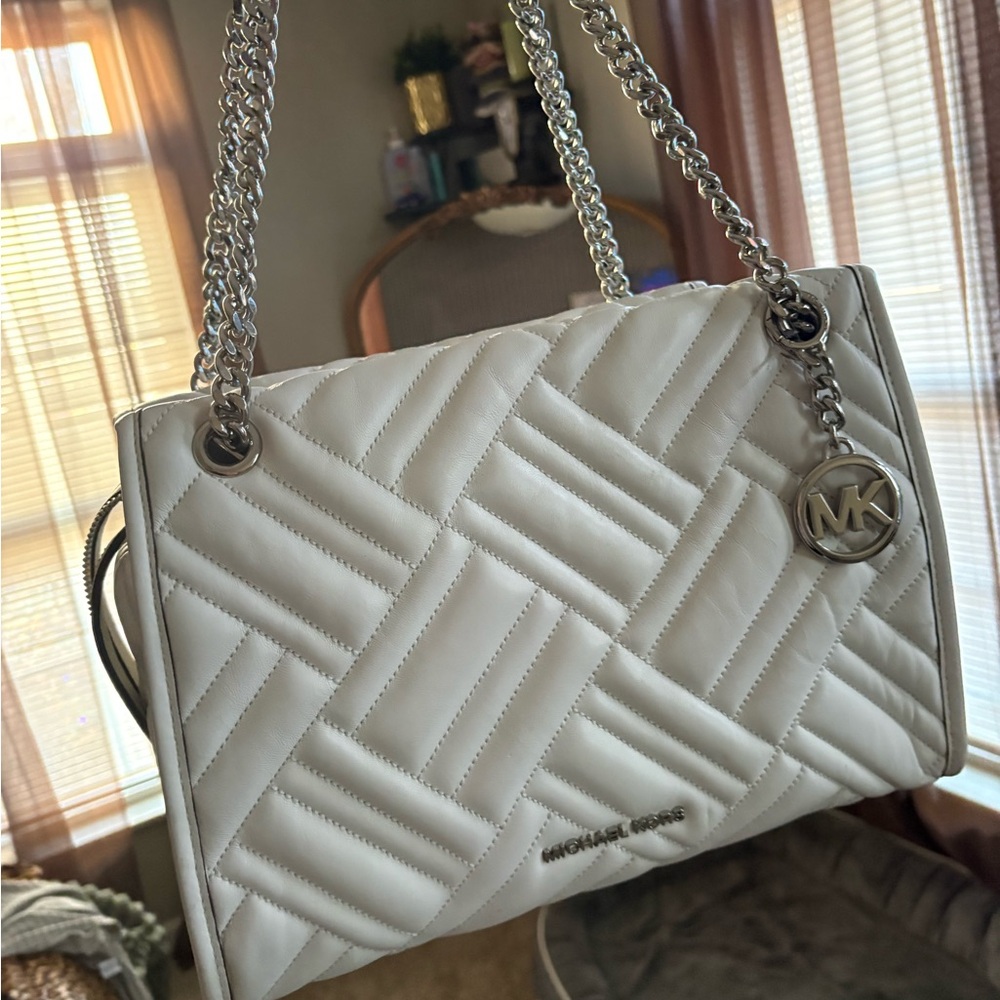 Michael Kors Cream Quilted Shoulder Bag with Silver Chain